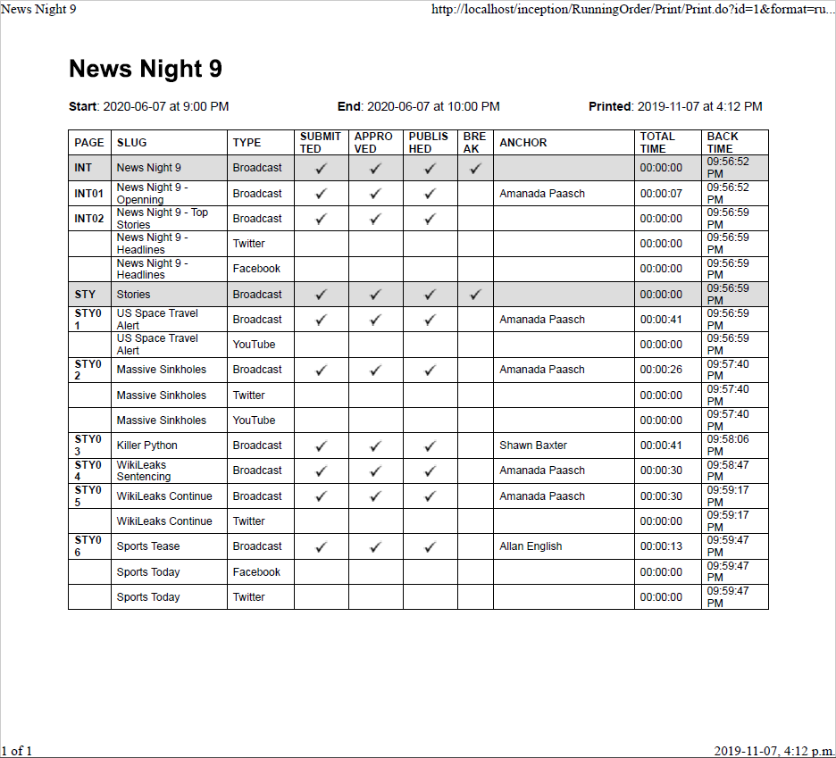 Print a Running Order