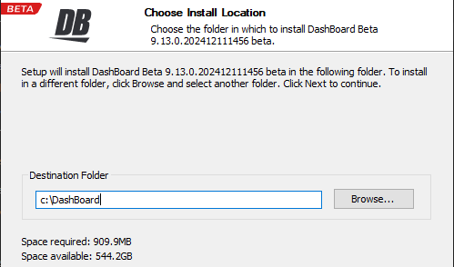 Choosing to install the Beta in the original DashBoard location.