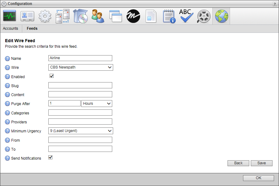 Edit Wire Search-Based Feed Parameters